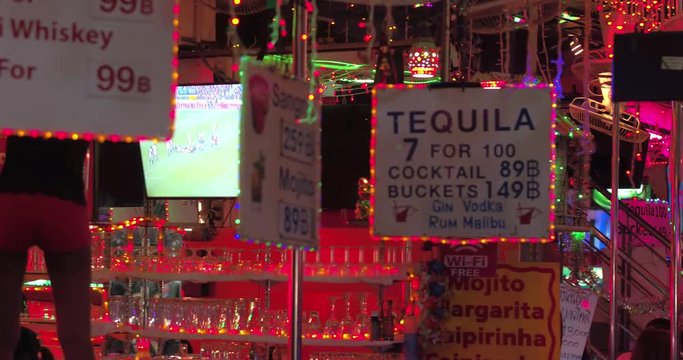PHUKET, THAILAND, MARCH 2017: Drink offer signs Bangla street in Patong at night.