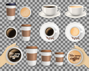 Set of to go and takeaway paper coffee cups in different sizes and coffee cups on saucers. Objects isolated on transparent background.