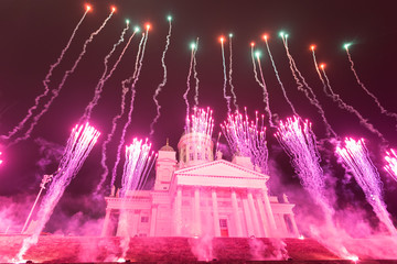 New year celebration fireworks in Helsinki with Cathedral in background, Finland