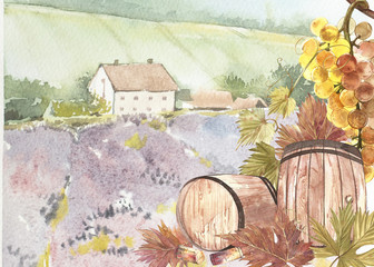 Wooden barrels and leaves of grapes. Background with a lavender field. Watercolor illustration for postcards, scrabbuking. Hand drawn watercolor illustration. Banners of wine vintage background.