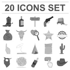 Attributes of the wild west monochrome icons in set collection for design.Texas and America vector symbol stock web illustration.