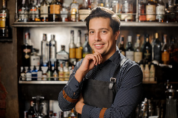 Handsome and young smiling brown haired bartender
