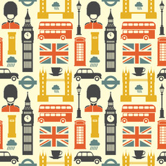 London pattern. Vector colorful seamless pattern with London symbols, such as Big Ben, red bus, cab and British flag in trendy flat style. Isolated on white.
