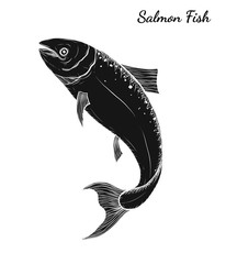 Salmon art highly detailed in line art style.Fish vector by hand drawing.Fish tattoo on white background.Black and white fish vector on white background.Salmon fish sketch for coloring book.
