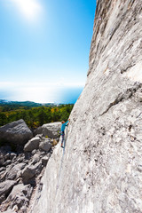 A rock climber on a wall.
