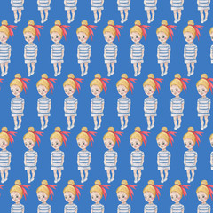 Obraz premium Seamless dolls pattern on blue background. Watercolor Baby Girl collection. 