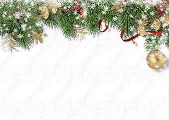 Christmas white background with holly, cone, snow and firtree