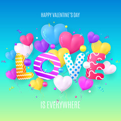 Happy Valentine's Day Abstract Colorful Card. Modern Color Abstraction with Realistic Balloons in the Form of Heart. Vector Illustration with Serpentine and Balls.