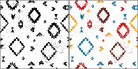 Aged geometric aztec ethnic grunge seamless patterns set. Black and white and colorful, vector