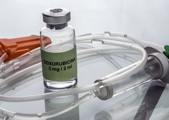 Doxorubicin Vial with drip irrigation, medicine used for acute lymphatic leukemia disease,...