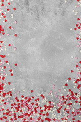 Pink, white and red hearts on a light background. Top view, copy space