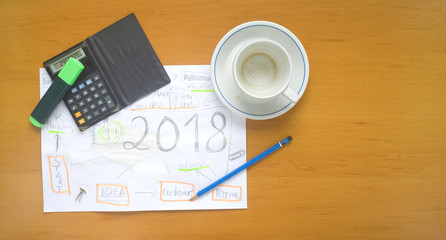 business plan for 2018, start up strategy, scribble, flat lay, free copy space