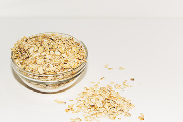 in a glass dish of cereal, the concept of healthy food, space for text.