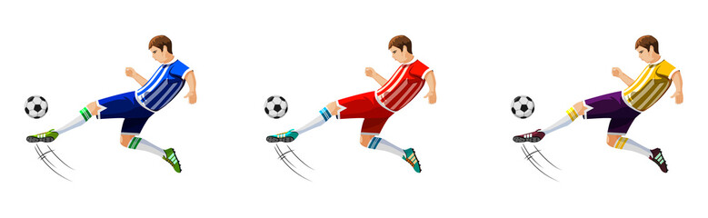 Player in soccer in three different colors isolated on white background. Vector illustration