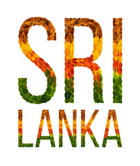 word sri lanka country is written with leaves on a white insulated background, a banner for printing, a creative developing country colored leaves sri lanka