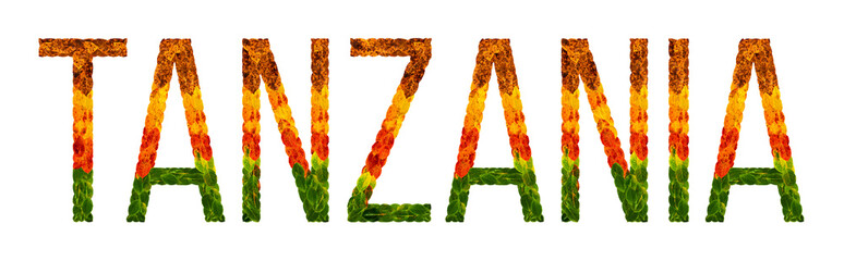 word tanzania country is written with leaves on a white insulated background, a banner for...