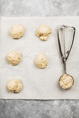 Ingredients for baking of cookies - flour, eggs, spices, vanilla, butter, sugar. Top view. Food background