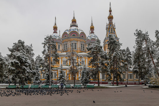 ALMATY, KAZAKHSTAN - OCTOBER 28, 2014: Pigeons at the Ascension Orthodox Cathedral