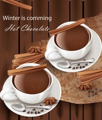 Hot chocolate cups Vector realistic. cinnamon flavors wooden background