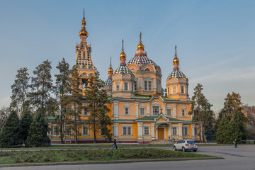 ALMATY, KAZAKHSTAN - NOVEMBER 5, 2014: The Ascension Orthodox Cathedral at sunset