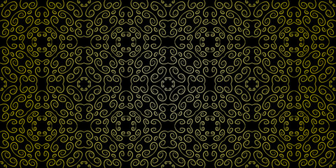 Gold curved fine lines ornament black background. Modern geometric pattern with a repeating dotted wavy lines. EPS10 vector.