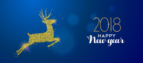 Obraz na płótnie Canvas Happy New Year 2018 gold glitter deer holiday card