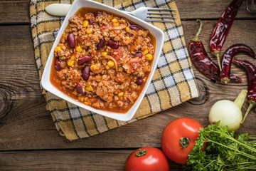 Chili con carne in a bowl.