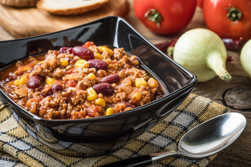 Chili con carne in a bowl.