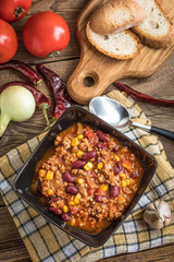 Chili con carne in a bowl.