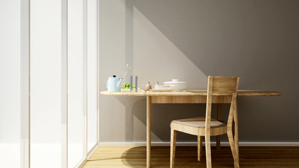 dining room and balcony  in home or apartment on sunshine day - Interior design for artwork of room for rent- 3D Rendering