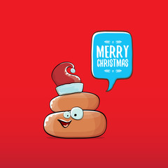 vector funny cartoon cool cute brown smiling poo icon with santa red hat and speech bubble isolated on christmas red background. funky christmas character.