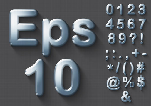 Set of polished chrome 3D Numbers and Symbols. Steel metallic shiny symbol on gray background. Good set for technology and production concepts. Transparent shadow, EPS 10 vector illustration.