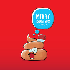 vector funny cartoon cool cute brown smiling poo icon with santa red hat and speech bubble isolated on christmas red background. funky christmas character.