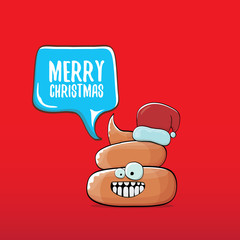 vector funny cartoon cool cute brown smiling poo icon with santa red hat and speech bubble isolated on christmas red background. funky christmas character.