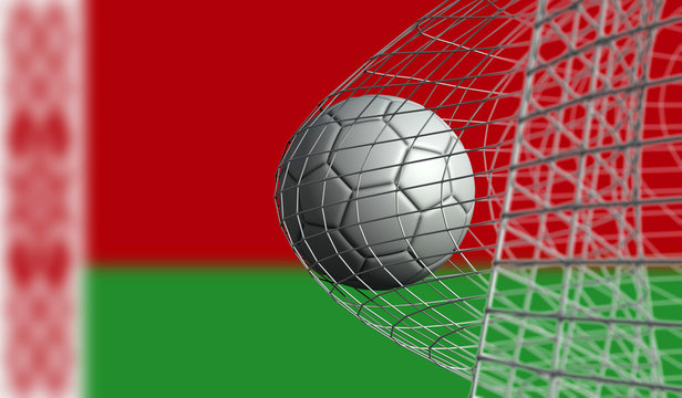 Soccer ball scores a goal in a net against Belarus flag. 3D Rendering