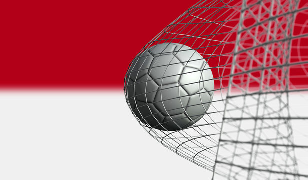 Soccer ball scores a goal in a net against Indonesia flag. 3D Rendering