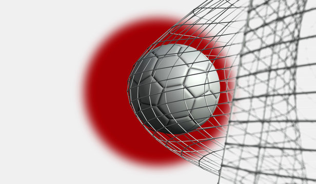 Soccer ball scores a goal in a net against Japan flag. 3D Rendering
