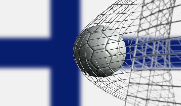Soccer ball scores a goal in a net against Finland flag. 3D Rendering