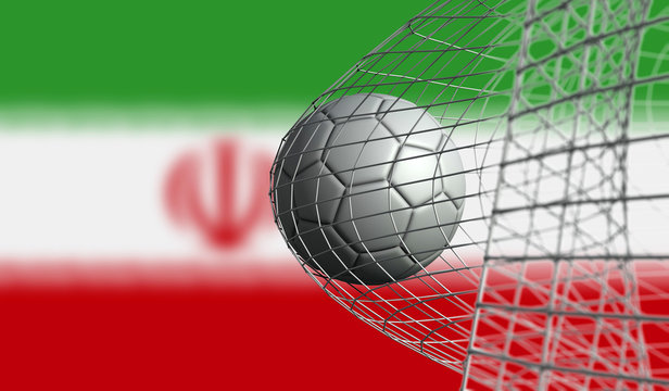 Soccer ball scores a goal in a net against Iran flag. 3D Rendering