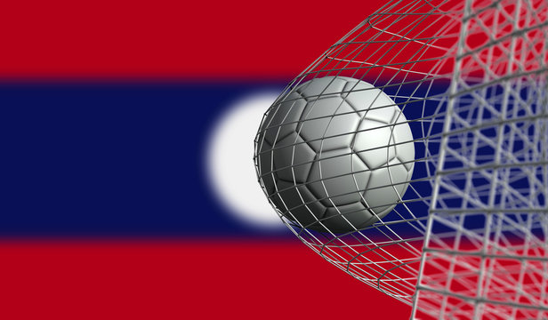 Soccer ball scores a goal in a net against Laos flag. 3D Rendering