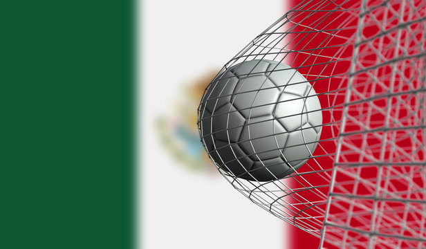 Soccer ball scores a goal in a net against Mexico flag. 3D Rendering