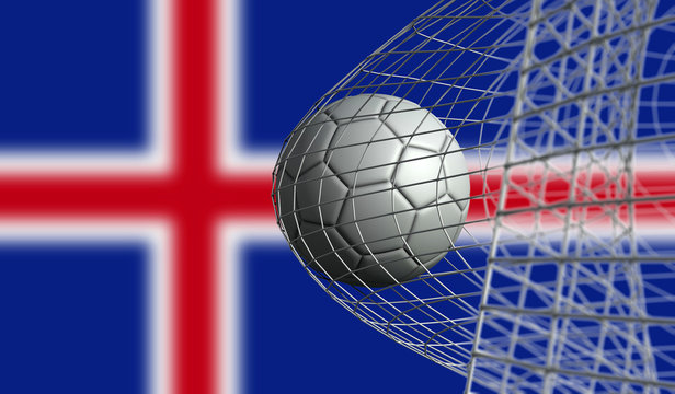 Soccer ball scores a goal in a net against Iceland flag. 3D Rendering