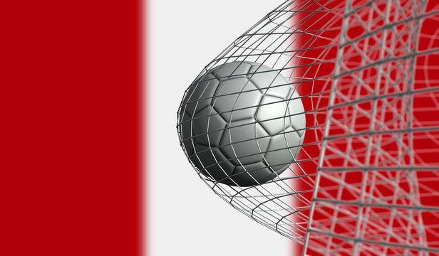 Soccer ball scores a goal in a net against Peru flag. 3D Rendering
