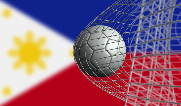 Soccer ball scores a goal in a net against Philippines flag. 3D Rendering