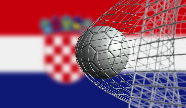Soccer ball scores a goal in a net against Croatia flag. 3D Rendering