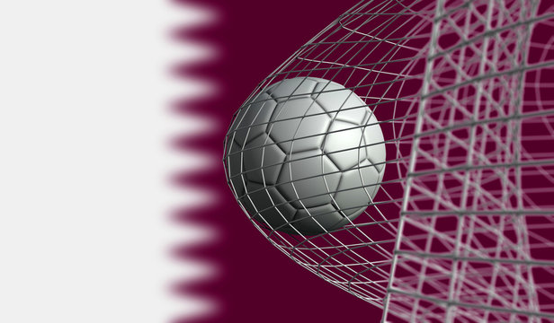 Soccer ball scores a goal in a net against Qatar flag. 3D Rendering