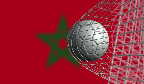 Soccer ball scores a goal in a net against Morocco flag. 3D Rendering