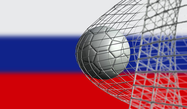 Soccer ball scores a goal in a net against Russia flag. 3D Rendering