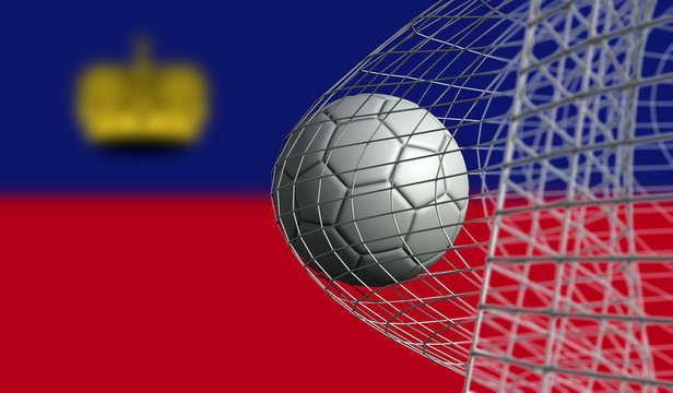 Soccer ball scores a goal in a net against Liechtenstein flag. 3D Rendering