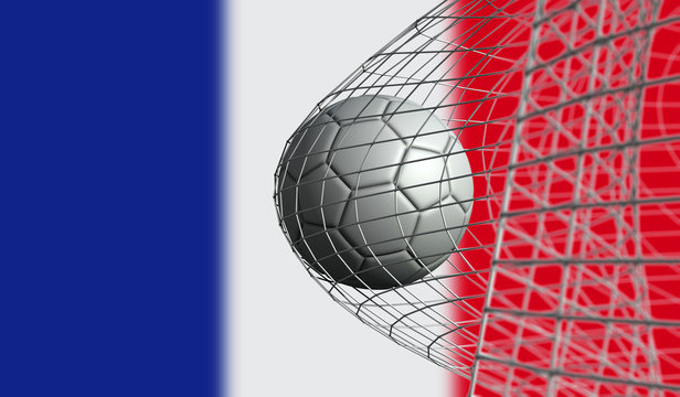 Soccer ball scores a goal in a net against France flag. 3D Rendering